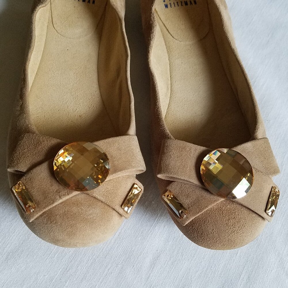 Stuart Weitzman Tan Suede Leather Ballet Flats Gem Jewel Made in Spain Size 6M